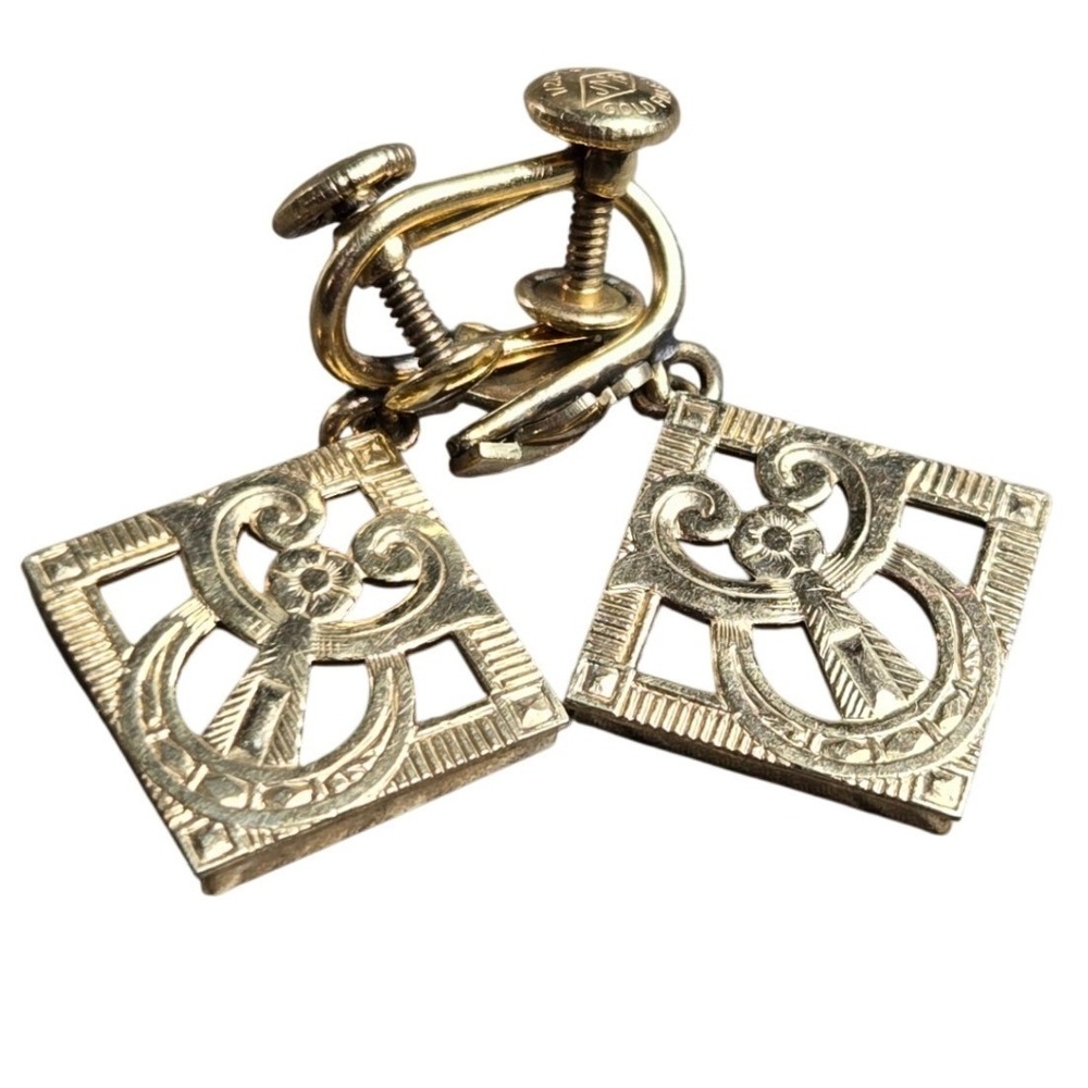 Vintage JMS 1/20 12K Gold Filled Screw Back Dangle Earrings Women Geometric
